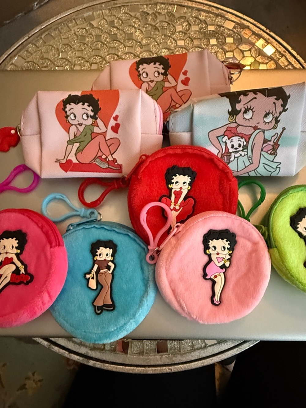 Set of 7 Betty Boop Plush Round Coin Pouches & Square Zip Pouches